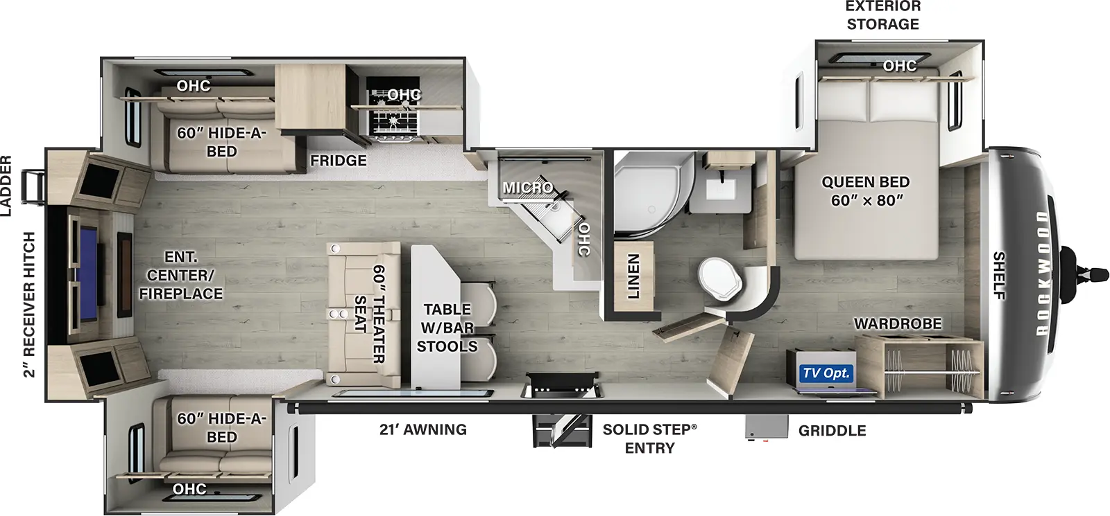 The Rockwood Ultra Lite Travel Trailers 2908RL has one entry and three slide outs. Exterior features include: fiberglass exterior and 21' awning. Interiors features include: front bedroom and rear living.